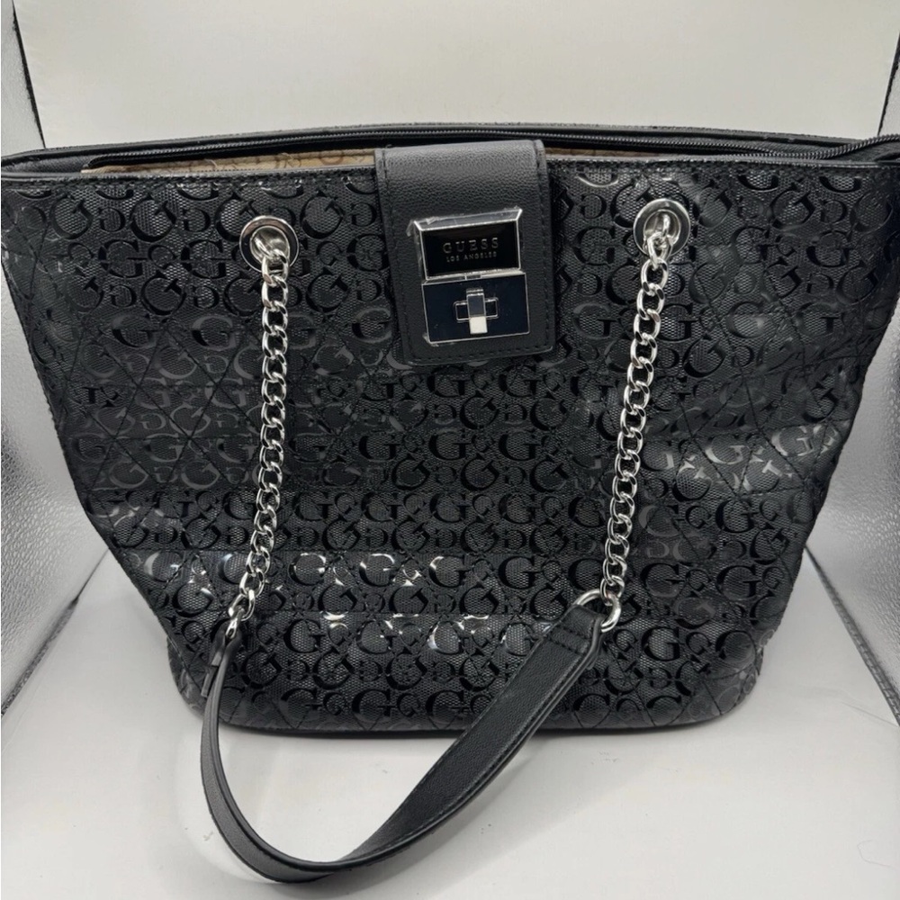 Guess Black Tote Bag with Silver Hardware and Leather Trim
